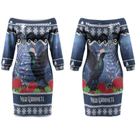 New Zealand Tui Bird Christmas Couples Matching Off The Shoulder Long Sleeve Dress and Long Sleeve Button Shirt Pohutukawa Xmas Tree Meri Kirihimete LT22 - Polynesian Pride