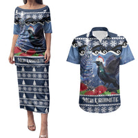New Zealand Tui Bird Christmas Couples Matching Puletasi and Hawaiian Shirt Pohutukawa Xmas Tree Meri Kirihimete LT22 Blue - Polynesian Pride