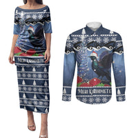 New Zealand Tui Bird Christmas Couples Matching Puletasi and Long Sleeve Button Shirt Pohutukawa Xmas Tree Meri Kirihimete LT22 Blue - Polynesian Pride
