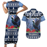 New Zealand Tui Bird Christmas Couples Matching Short Sleeve Bodycon Dress and Hawaiian Shirt Pohutukawa Xmas Tree Meri Kirihimete