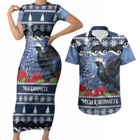 New Zealand Tui Bird Christmas Couples Matching Short Sleeve Bodycon Dress and Hawaiian Shirt Pohutukawa Xmas Tree Meri Kirihimete LT22 Blue - Polynesian Pride