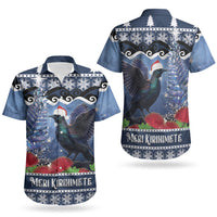 New Zealand Tui Bird Christmas Couples Matching Short Sleeve Bodycon Dress and Hawaiian Shirt Pohutukawa Xmas Tree Meri Kirihimete LT22 - Polynesian Pride