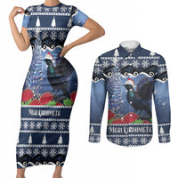 New Zealand Tui Bird Christmas Couples Matching Short Sleeve Bodycon Dress and Long Sleeve Button Shirt Pohutukawa Xmas Tree Meri Kirihimete LT22 Blue - Polynesian Pride