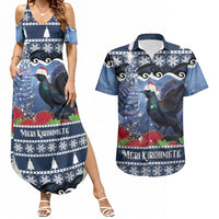 New Zealand Tui Bird Christmas Couples Matching Summer Maxi Dress and Hawaiian Shirt Pohutukawa Xmas Tree Meri Kirihimete LT22 Blue - Polynesian Pride