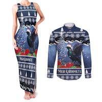 New Zealand Tui Bird Christmas Couples Matching Tank Maxi Dress and Long Sleeve Button Shirt Pohutukawa Xmas Tree Meri Kirihimete