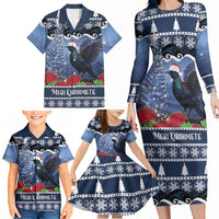 New Zealand Tui Bird Christmas Family Matching Long Sleeve Bodycon Dress and Hawaiian Shirt Pohutukawa Xmas Tree Meri Kirihimete LT22 - Polynesian Pride