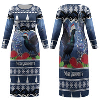 New Zealand Tui Bird Christmas Family Matching Long Sleeve Bodycon Dress and Hawaiian Shirt Pohutukawa Xmas Tree Meri Kirihimete LT22 Mom's Dress Blue - Polynesian Pride