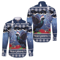 New Zealand Tui Bird Christmas Family Matching Long Sleeve Bodycon Dress and Hawaiian Shirt Pohutukawa Xmas Tree Meri Kirihimete LT22 Dad's Shirt - Long Sleeve Blue - Polynesian Pride