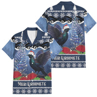 New Zealand Tui Bird Christmas Family Matching Mermaid Dress and Hawaiian Shirt Pohutukawa Xmas Tree Meri Kirihimete LT22 Dad's Shirt - Short Sleeve Blue - Polynesian Pride