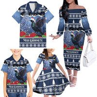 New Zealand Tui Bird Christmas Family Matching Off The Shoulder Long Sleeve Dress and Hawaiian Shirt Pohutukawa Xmas Tree Meri Kirihimete