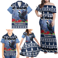 New Zealand Tui Bird Christmas Family Matching Off Shoulder Maxi Dress and Hawaiian Shirt Pohutukawa Xmas Tree Meri Kirihimete