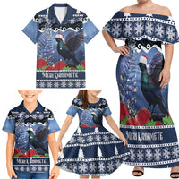 New Zealand Tui Bird Christmas Family Matching Off Shoulder Maxi Dress and Hawaiian Shirt Pohutukawa Xmas Tree Meri Kirihimete LT22 - Polynesian Pride