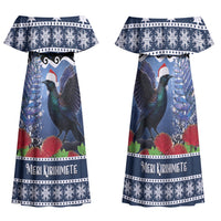 New Zealand Tui Bird Christmas Family Matching Off Shoulder Maxi Dress and Hawaiian Shirt Pohutukawa Xmas Tree Meri Kirihimete LT22 Mom's Dress Blue - Polynesian Pride