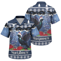 New Zealand Tui Bird Christmas Family Matching Off Shoulder Maxi Dress and Hawaiian Shirt Pohutukawa Xmas Tree Meri Kirihimete LT22 Son's Shirt Blue - Polynesian Pride