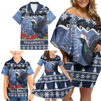 New Zealand Tui Bird Christmas Family Matching Off Shoulder Short Dress and Hawaiian Shirt Pohutukawa Xmas Tree Meri Kirihimete LT22 - Polynesian Pride