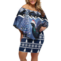 New Zealand Tui Bird Christmas Family Matching Off Shoulder Short Dress and Hawaiian Shirt Pohutukawa Xmas Tree Meri Kirihimete