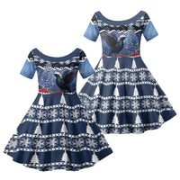 New Zealand Tui Bird Christmas Family Matching Puletasi and Hawaiian Shirt Pohutukawa Xmas Tree Meri Kirihimete LT22 Daughter's Dress Blue - Polynesian Pride