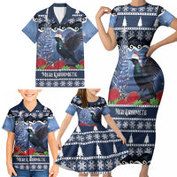 New Zealand Tui Bird Christmas Family Matching Short Sleeve Bodycon Dress and Hawaiian Shirt Pohutukawa Xmas Tree Meri Kirihimete LT22 - Polynesian Pride