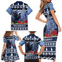 New Zealand Tui Bird Christmas Family Matching Short Sleeve Bodycon Dress and Hawaiian Shirt Pohutukawa Xmas Tree Meri Kirihimete