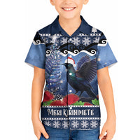 New Zealand Tui Bird Christmas Kid Hawaiian Shirt Pohutukawa Xmas Tree Meri Kirihimete LT22 Kid Blue - Polynesian Pride