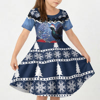 New Zealand Tui Bird Christmas Kid Short Sleeve Dress Pohutukawa Xmas Tree Meri Kirihimete LT22 KID Blue - Polynesian Pride