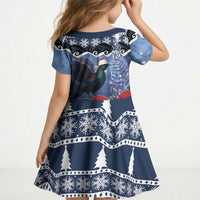New Zealand Tui Bird Christmas Kid Short Sleeve Dress Pohutukawa Xmas Tree Meri Kirihimete LT22 - Polynesian Pride