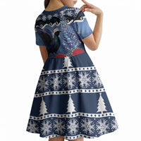 New Zealand Tui Bird Christmas Kid Short Sleeve Dress Pohutukawa Xmas Tree Meri Kirihimete LT22 - Polynesian Pride