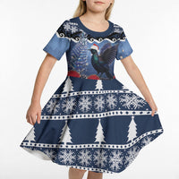 New Zealand Tui Bird Christmas Kid Short Sleeve Dress Pohutukawa Xmas Tree Meri Kirihimete LT22 - Polynesian Pride