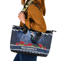 New Zealand Tui Bird Christmas Leather Tote Bag Pohutukawa Xmas Tree Meri Kirihimete