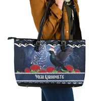 New Zealand Tui Bird Christmas Leather Tote Bag Pohutukawa Xmas Tree Meri Kirihimete