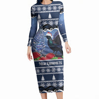 New Zealand Tui Bird Christmas Long Sleeve Bodycon Dress Pohutukawa Xmas Tree Meri Kirihimete LT22 Long Dress Blue - Polynesian Pride