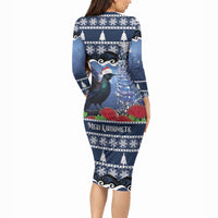 New Zealand Tui Bird Christmas Long Sleeve Bodycon Dress Pohutukawa Xmas Tree Meri Kirihimete LT22 - Polynesian Pride
