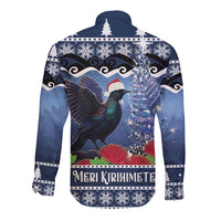 New Zealand Tui Bird Christmas Long Sleeve Button Shirt Pohutukawa Xmas Tree Meri Kirihimete