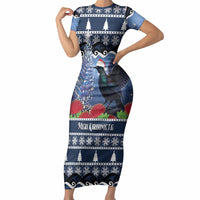 New Zealand Tui Bird Christmas Short Sleeve Bodycon Dress Pohutukawa Xmas Tree Meri Kirihimete LT22 Long Dress Blue - Polynesian Pride