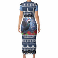 New Zealand Tui Bird Christmas Short Sleeve Bodycon Dress Pohutukawa Xmas Tree Meri Kirihimete LT22 - Polynesian Pride