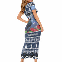 New Zealand Tui Bird Christmas Short Sleeve Bodycon Dress Pohutukawa Xmas Tree Meri Kirihimete LT22 - Polynesian Pride