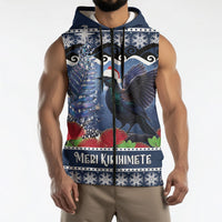 New Zealand Tui Bird Christmas Sleeveless Zip Hoodie Pohutukawa Xmas Tree Meri Kirihimete