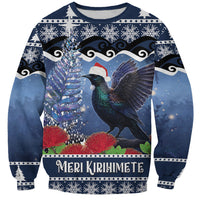 New Zealand Tui Bird Christmas Sweatshirt Pohutukawa Xmas Tree Meri Kirihimete