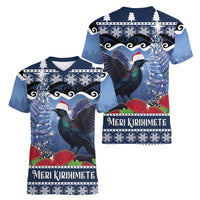 New Zealand Tui Bird Christmas Women V-Neck T-Shirt Pohutukawa Xmas Tree Meri Kirihimete