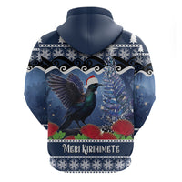 New Zealand Tui Bird Christmas Zip Hoodie Pohutukawa Xmas Tree Meri Kirihimete