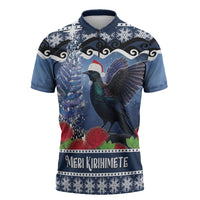 New Zealand Tui Bird Christmas Zipper Polo Shirt Pohutukawa Xmas Tree Meri Kirihimete