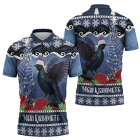 New Zealand Tui Bird Christmas Zipper Polo Shirt Pohutukawa Xmas Tree Meri Kirihimete