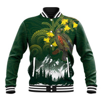 Kea Bird Kowhai New Zealand Baseball Jacket Mountain Landscape Maori Art LT22 Unisex Green - Polynesian Pride