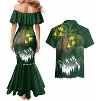 Kea Bird Kowhai New Zealand Couples Matching Mermaid Dress and Hawaiian Shirt Mountain Landscape Maori Art