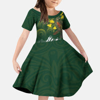 Kea Bird Kowhai New Zealand Kid Short Sleeve Dress Mountain Landscape Maori Art LT22 KID Green - Polynesian Pride