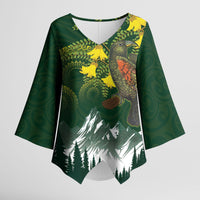 Kea Bird Kowhai New Zealand Kimono Sleeve Blouse Mountain Landscape Maori Art