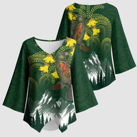 Kea Bird Kowhai New Zealand Kimono Sleeve Blouse Mountain Landscape Maori Art