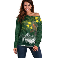 Kea Bird Kowhai New Zealand Off Shoulder Sweater Mountain Landscape Maori Art