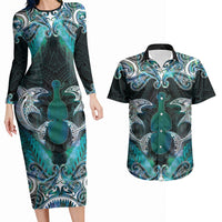 New Zealand Kotiate Weapon Couples Matching Long Sleeve Bodycon Dress and Hawaiian Shirt Aotearoa Mango Paua Shell Maori Pattern LT22 Blue - Polynesian Pride