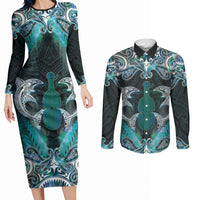 New Zealand Kotiate Weapon Couples Matching Long Sleeve Bodycon Dress and Long Sleeve Button Shirt Aotearoa Mango Paua Shell Maori Pattern LT22 Blue - Polynesian Pride